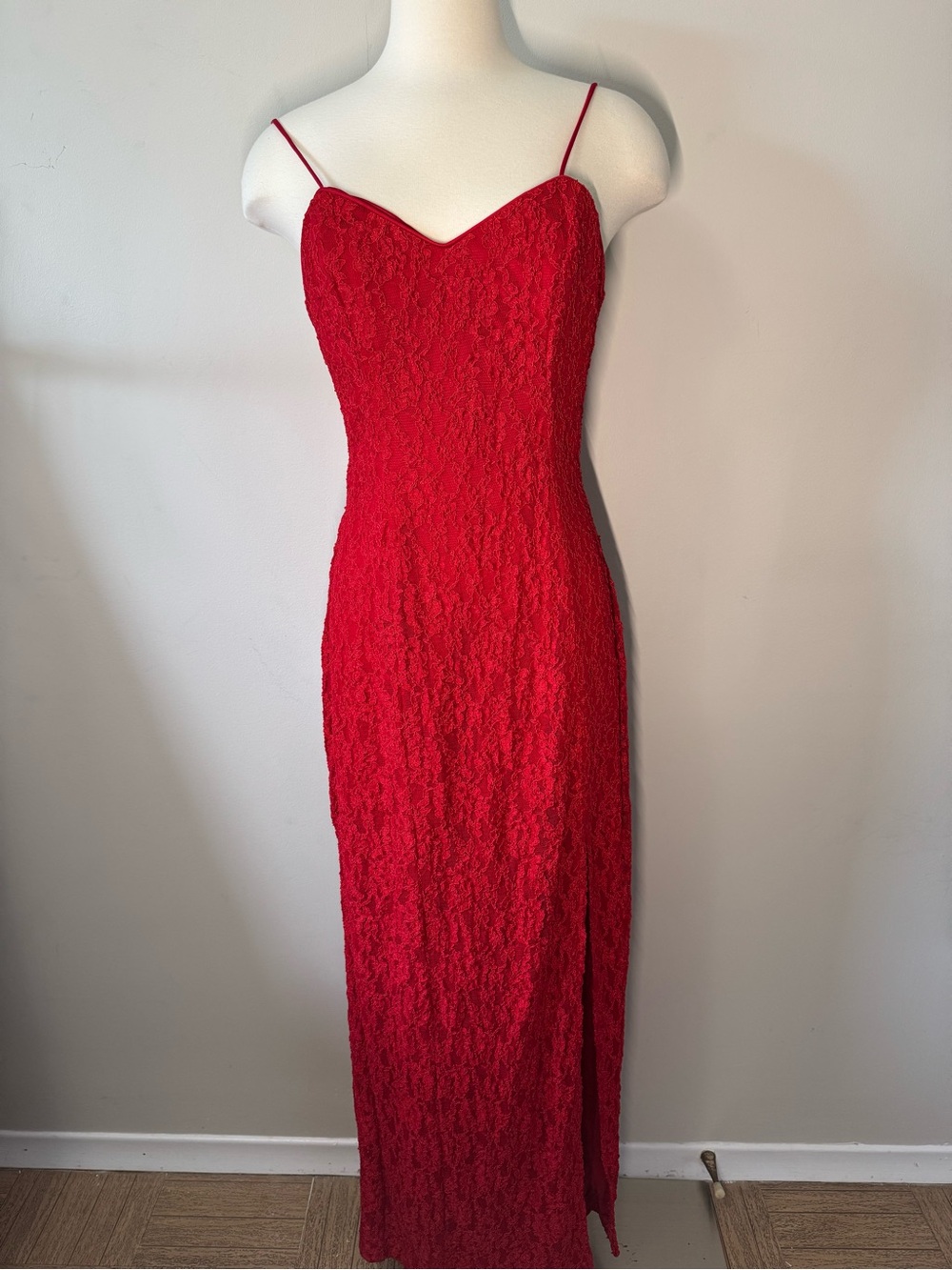 Vintage Algo Red Lace Spaghetti-Strap Maxi Dress 13/14